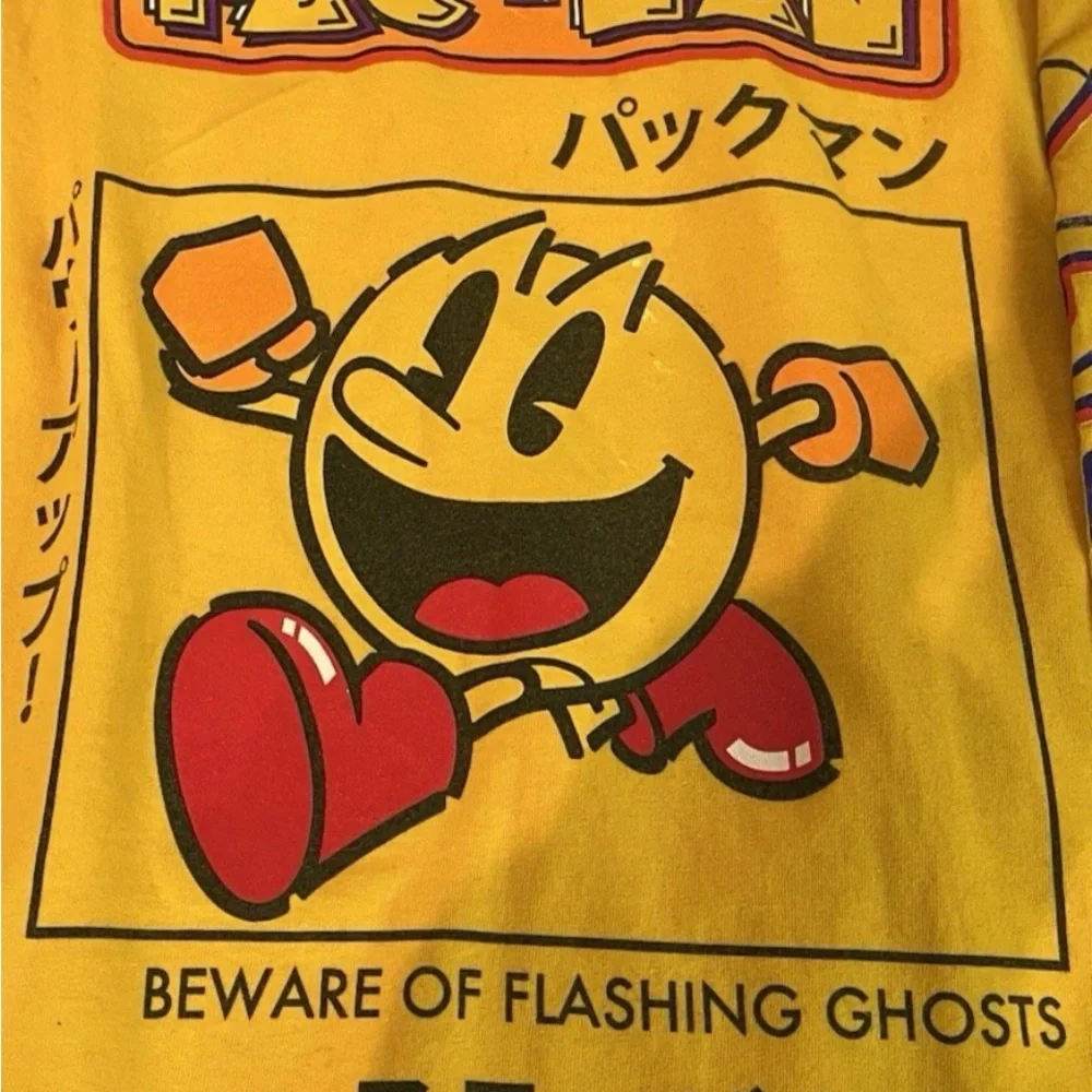 Pacman VTG Style Arcade TShirt Yellow Mens Small Graphic Print Front and Sleeves - Picture 1 of 10